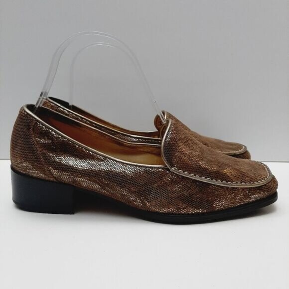 AMALFI Snake Pattern Square Toe Penny Loafer Chunky Block Heels Tan Gold Sz 7.5 - Picture 3 of 12